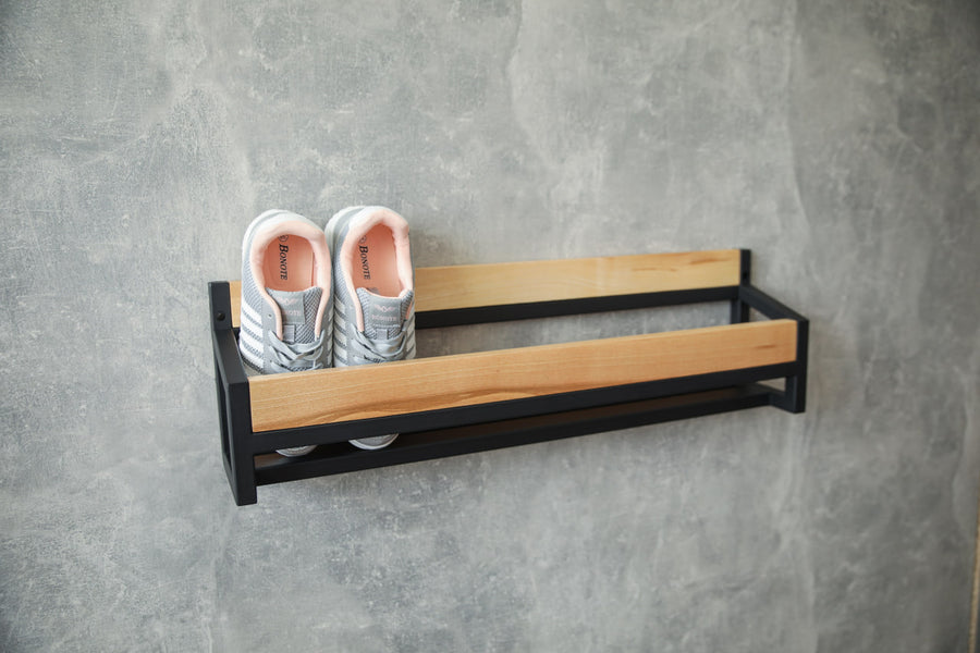 Durable-wood-metal-shoe-shelf–minimalist-wall-mounted-organizer-for-shoes