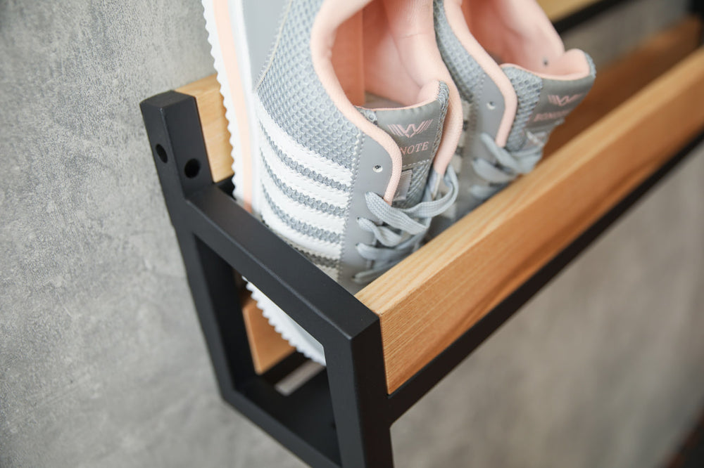 Durable-wood-metal-shoe-shelf–minimalist-wall-mounted-organizer-for-shoes
