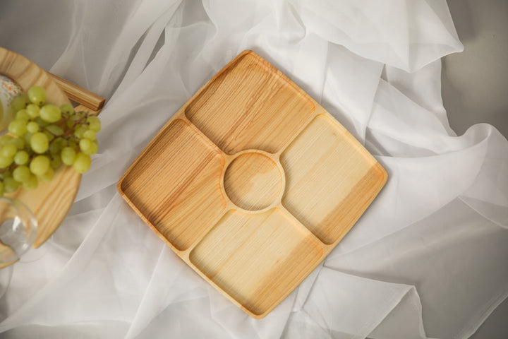 Eco-friendly-wooden-divided-serving-tray-multi-compartment-platter-for-elegant-food-display