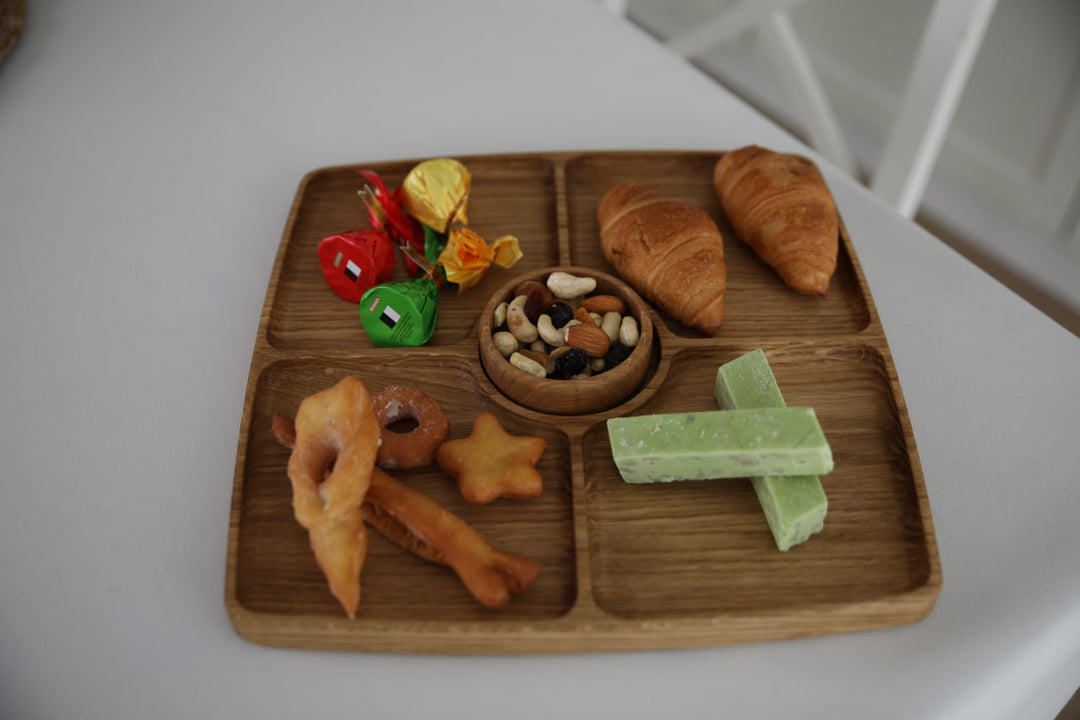 Eco-friendly-wooden-divided-serving-tray-multi-compartment-platter-for-elegant-food-display