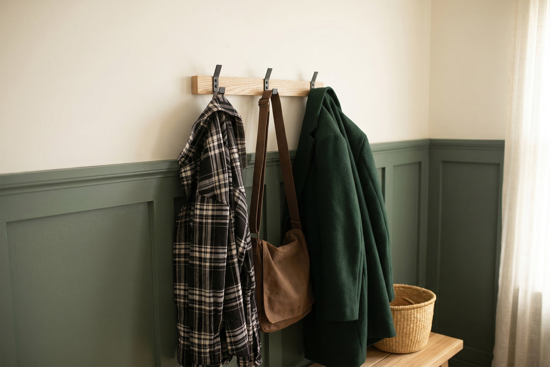 Wood Wall Coat Rack with Metal Hooks | Modern Entryway Organizer