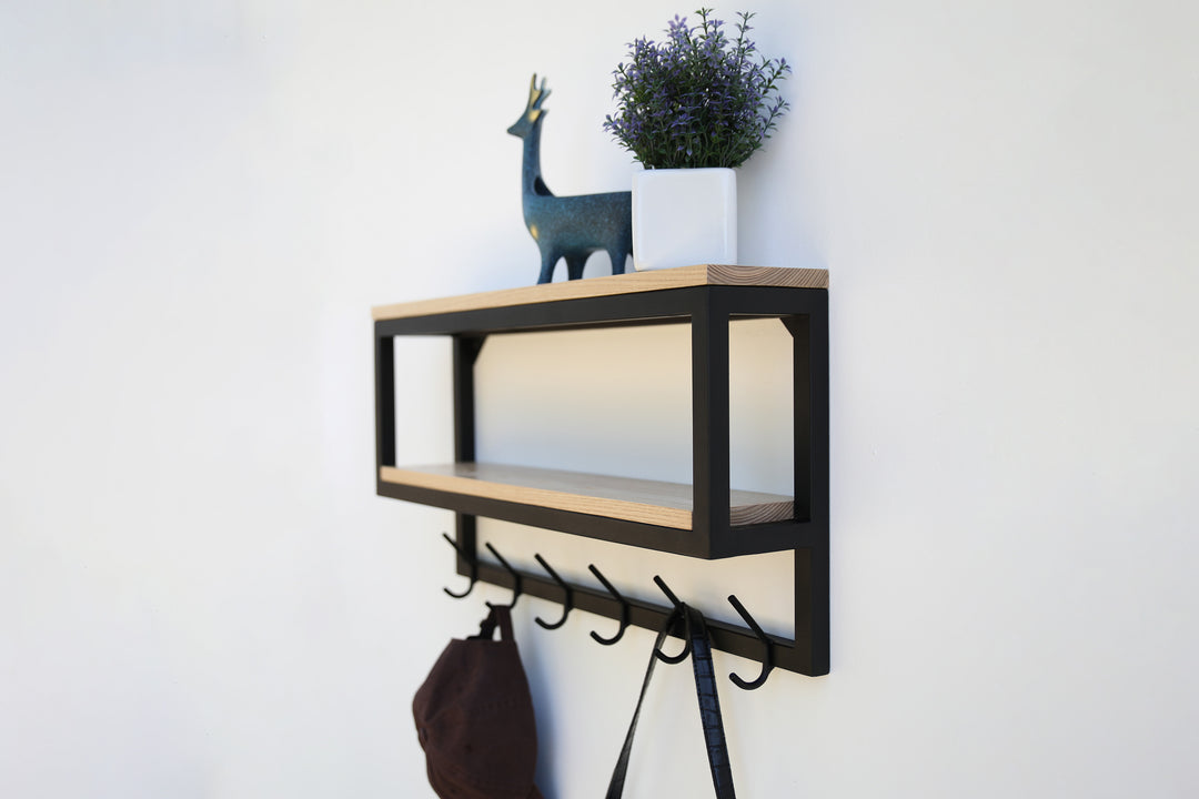 Wall Shelf With Hooks - Loft Style Wood & Metal Hook Rack
