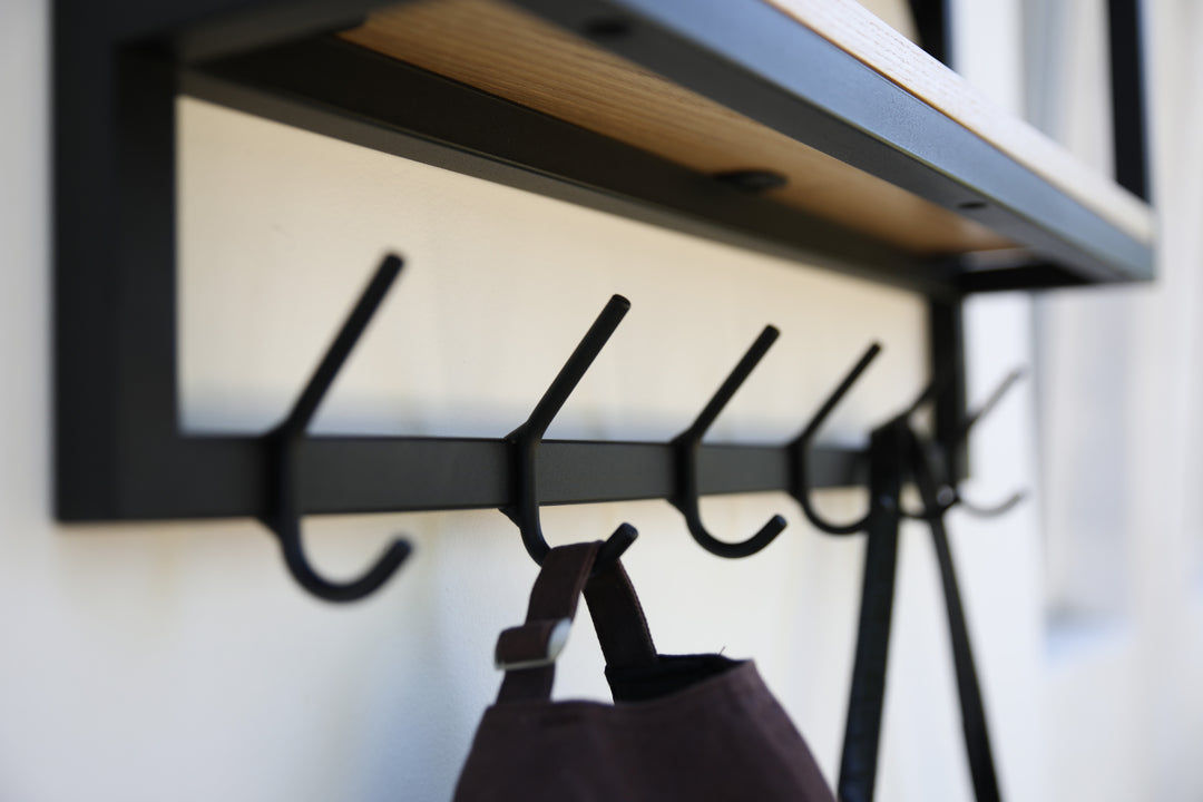 Wall Shelf With Hooks - Loft Style Wood & Metal Hook Rack