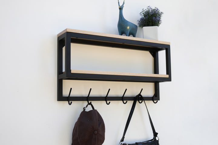 Wall Shelf With Hooks - Loft Style Wood & Metal Hook Rack
