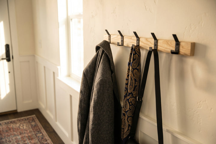 Wood Wall Coat Rack with Metal Hooks | Modern Entryway Organizer