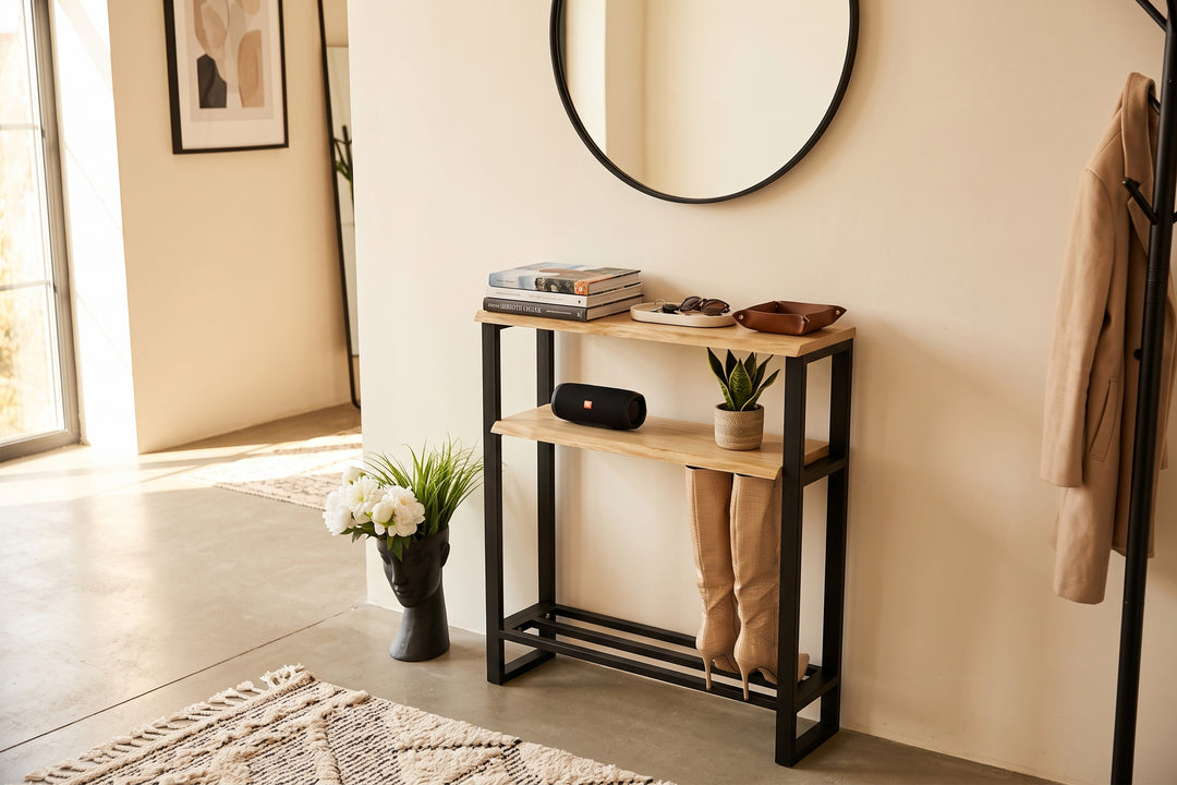 Narrow Console Table with Live Edge Wood Top