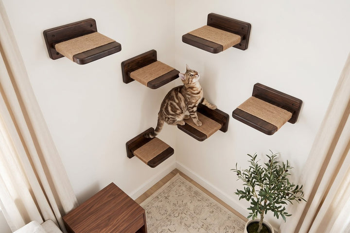 Wall-mounted-cat-climbing-set-with-wooden-platforms
