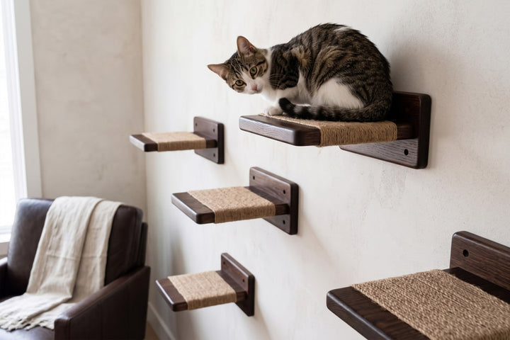 Wall-mounted-cat-climbing-set-with-wooden-platforms