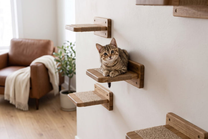 Wall-mounted-cat-climbing-set-with-wooden-platforms