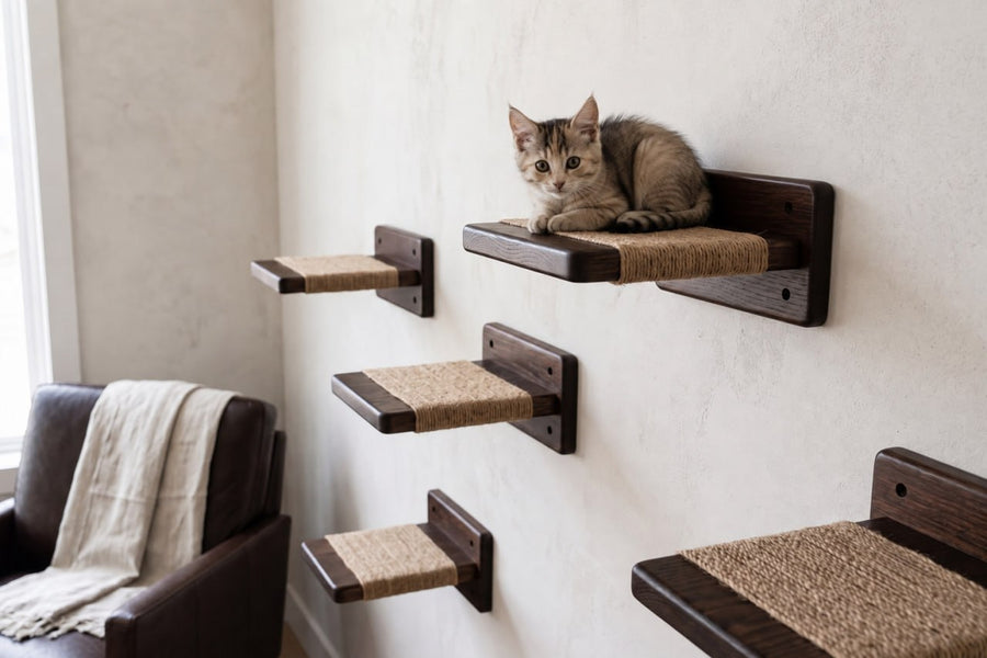 Wall-mounted-cat-climbing-set-with-wooden-platforms