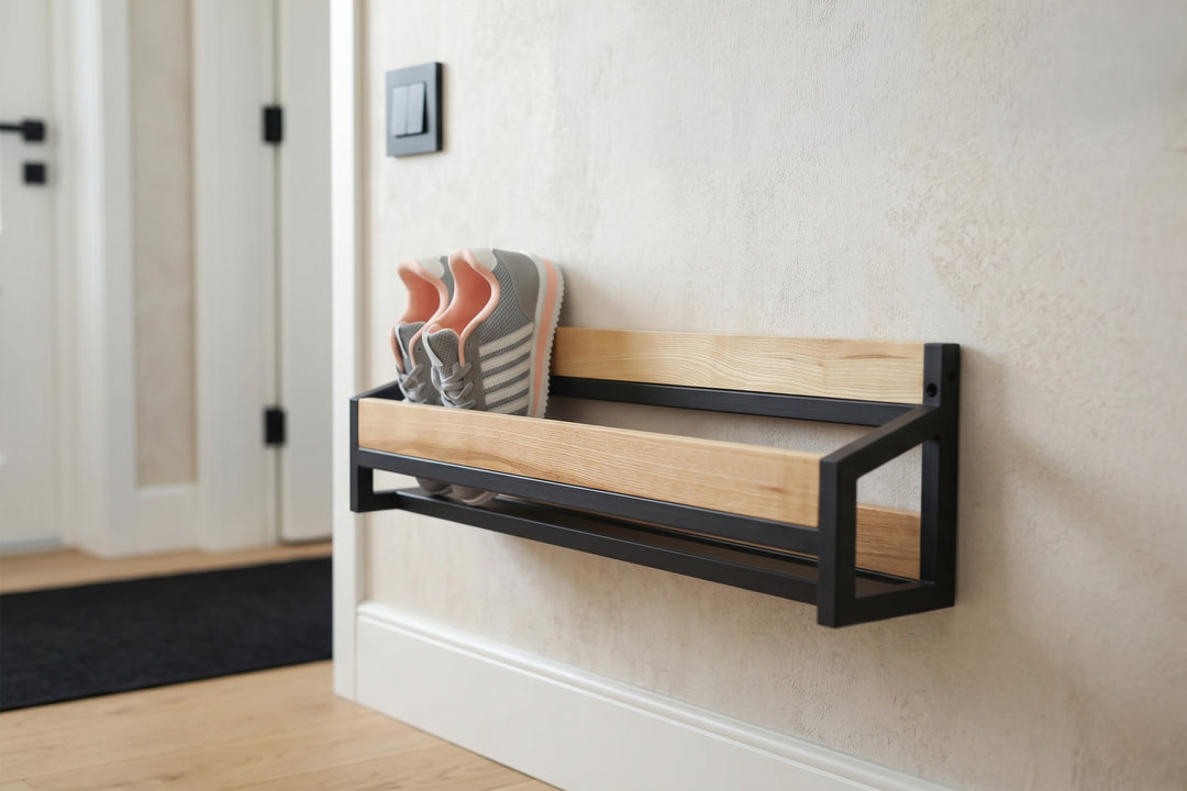 Compact Wall Shoe Rack - Metal & Wood Shoe Organizer