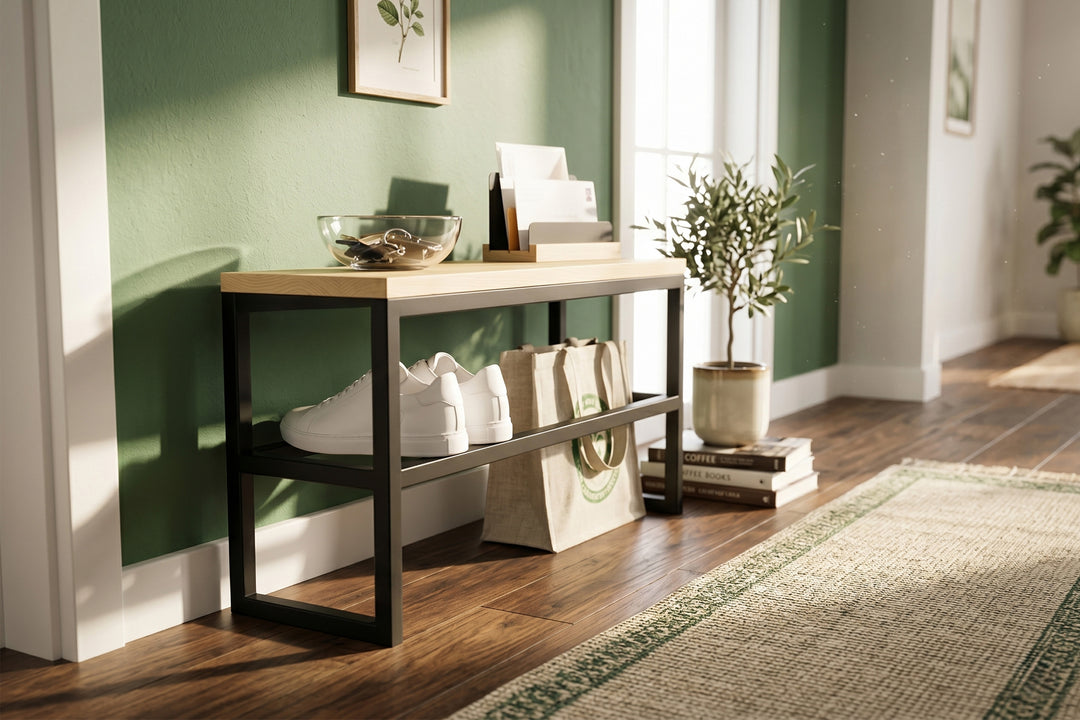 Wooden & Metal Entryway Bench – Rustic Charm