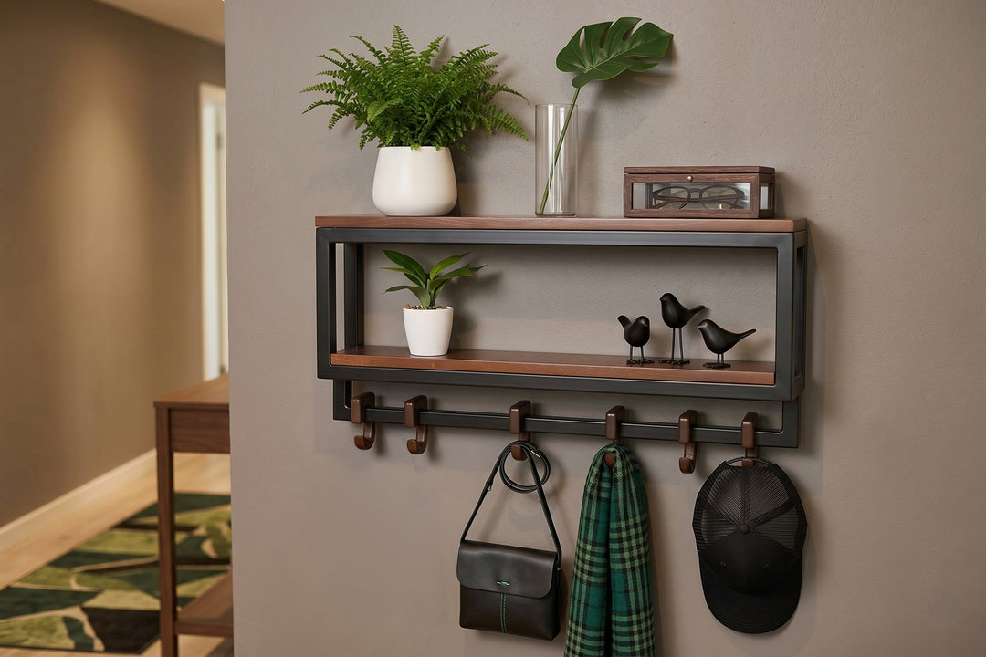 Loft Style Wood & Metal Hook Rack - Wall Shelf With Hooks