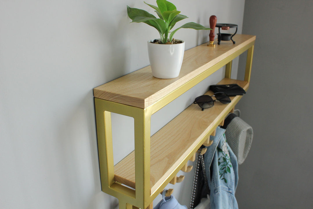 Space-saving-wall-mounted-hanger-with-shelf-and-multiple-hooks-for-coats