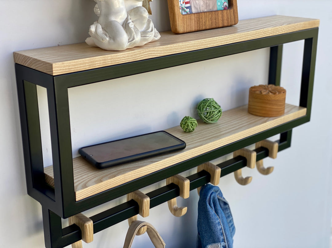 Space-saving-wall-mounted-hanger-with-shelf-and-multiple-hooks-for-coats