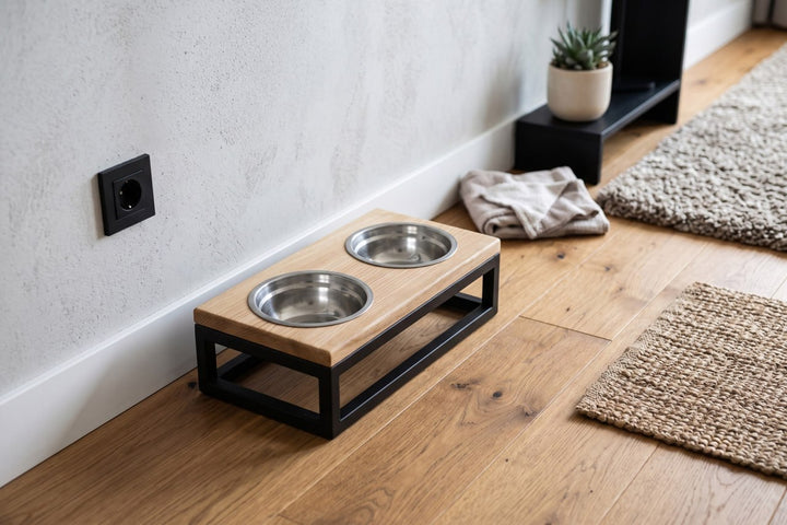 Handmade elevated cat feeder with stainless steel food and water bowls