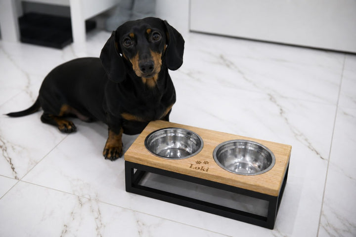 Handmade elevated cat feeder with stainless steel food and water bowls