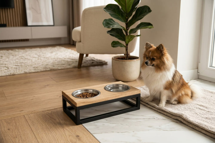 Handmade elevated cat feeder with stainless steel food and water bowls