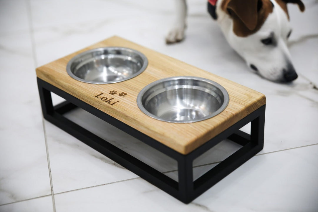 Handmade elevated cat feeder with stainless steel food and water bowls