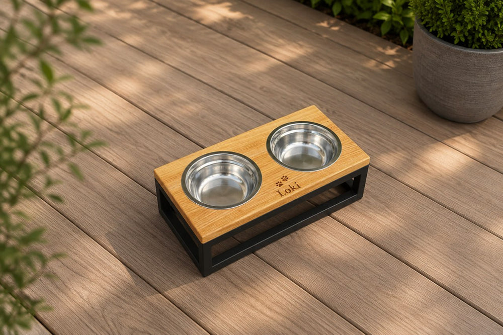 Handmade elevated cat feeder with stainless steel food and water bowls