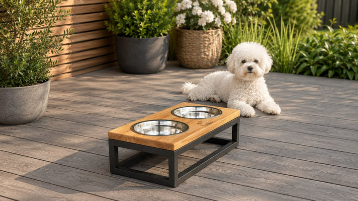 Handmade elevated cat feeder with stainless steel food and water bowls