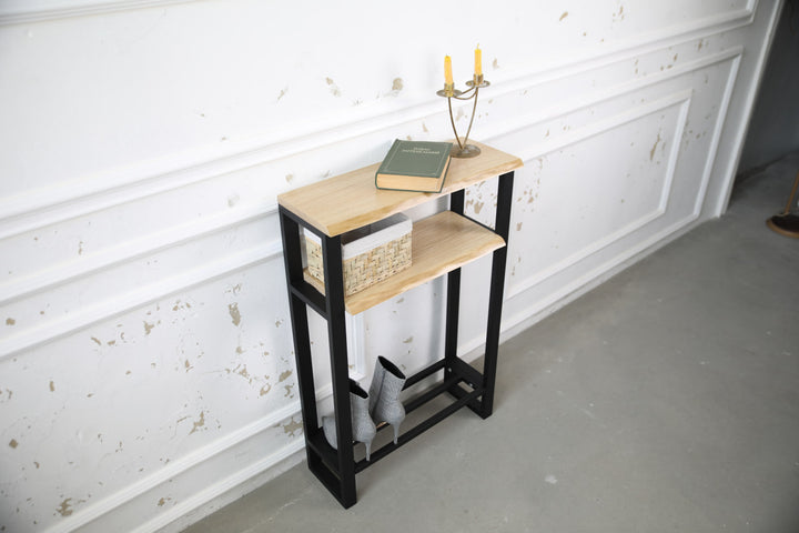 Narrow Console Table with Live Edge Wood Top