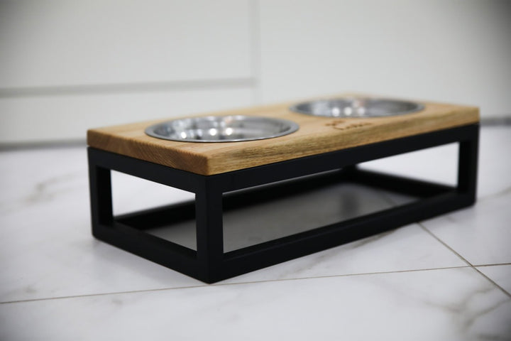 Elevated Cat Bowl Stand with Bowls – Wood&Metal Raised Cat Feeder