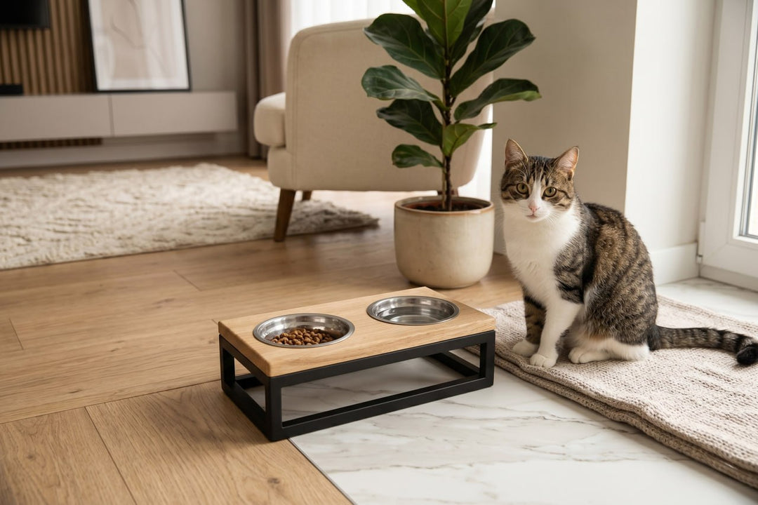 Elevated Cat Bowl Stand with Bowls – Wood&Metal Raised Cat Feeder