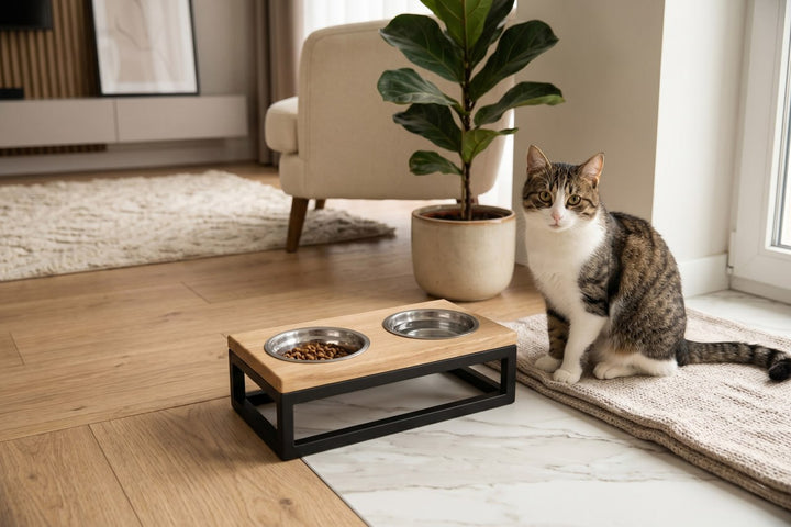 Elevated Cat Bowl Stand with Bowls – Wood&Metal Raised Cat Feeder