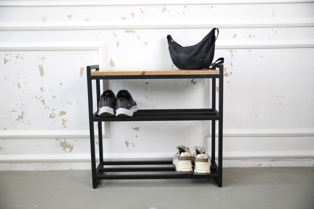 Metal & Wood Shoe Bench – Entryway Storage and Organizer