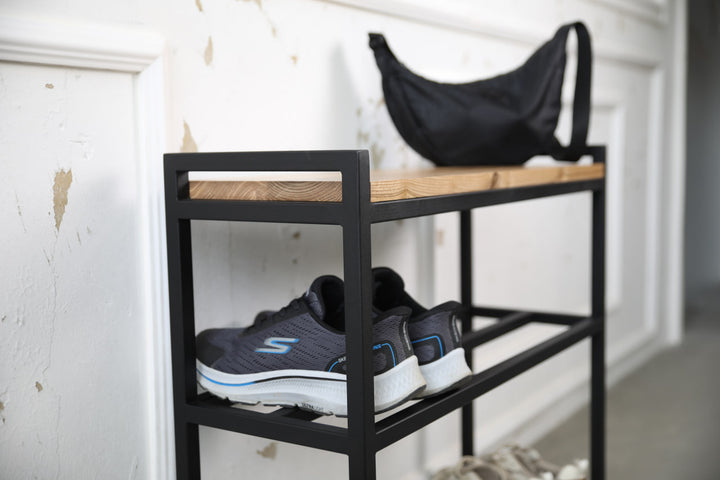Metal & Wood Shoe Bench – Entryway Storage and Organizer