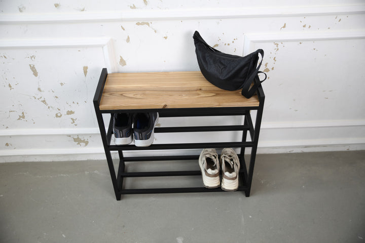 Metal & Wood Shoe Bench – Entryway Storage and Organizer