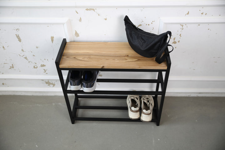 Metal & Wood Shoe Bench – Entryway Storage and Organizer