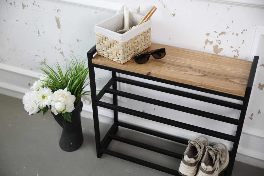 Metal & Wood Shoe Bench – Entryway Storage and Organizer