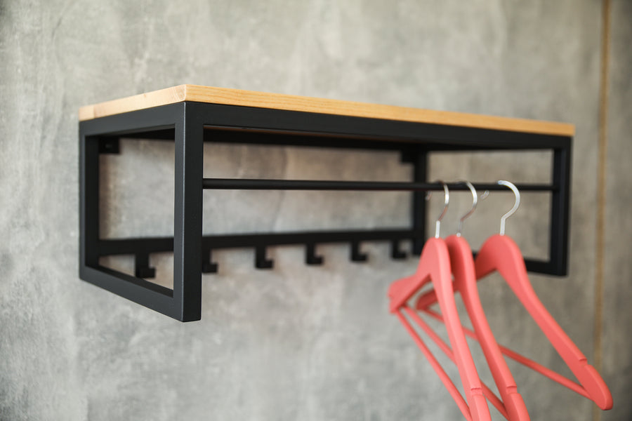 Multifunctional-wall-mounted-coat-rack-with-wooden-shelf-and-strong-hooks