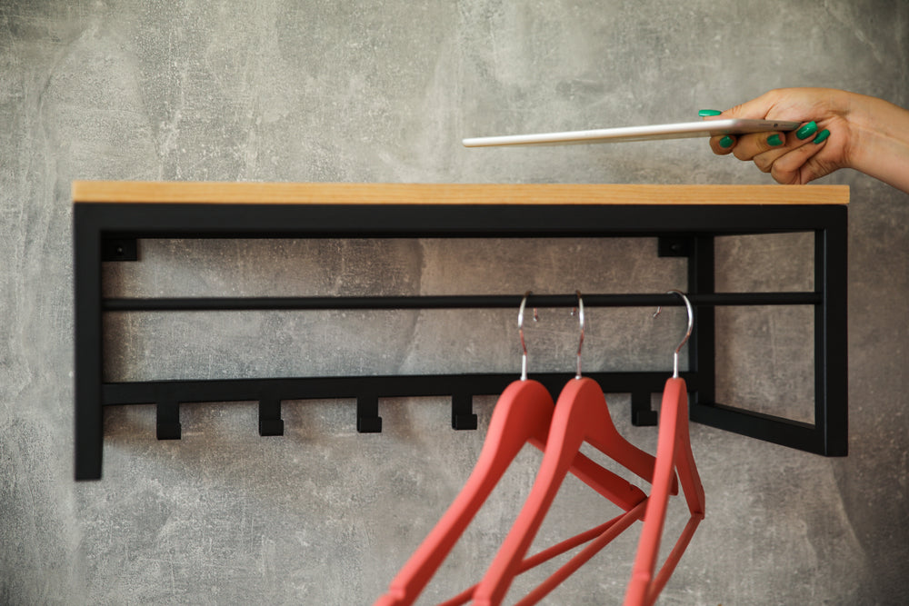 Multifunctional-wall-mounted-coat-rack-with-wooden-shelf-and-strong-hooks