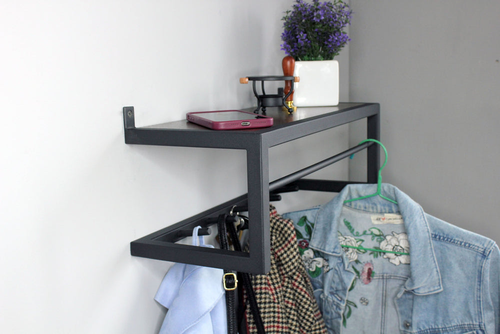 Minimalist-coat-rack-with-floating-shelf-and-hooks -ideal-for-small-spaces