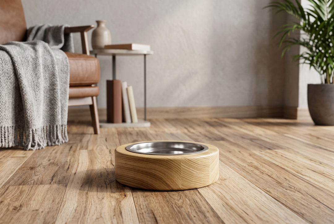 Handmade wooden elevated cat bowl stand with two stainless steel bowls
