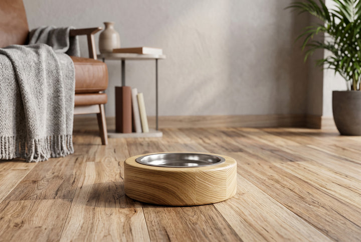 Handmade wooden elevated cat bowl stand with two stainless steel bowls