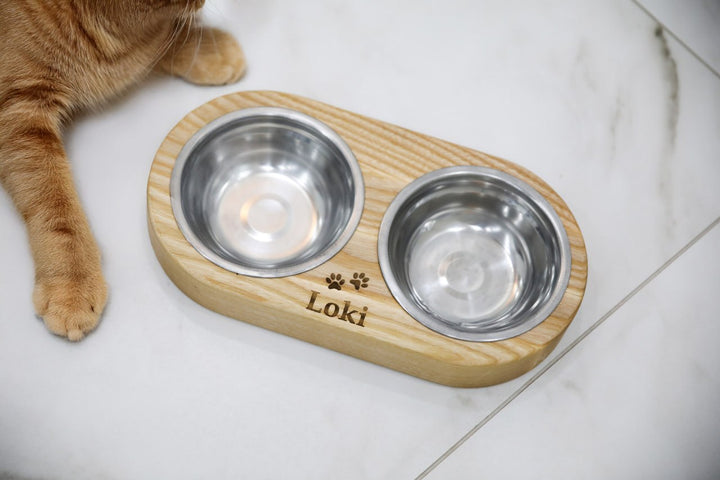 Handmade wooden elevated cat bowl stand with two stainless steel bowls