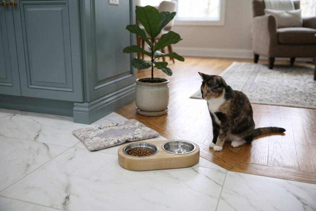 Handmade wooden elevated cat bowl stand with two stainless steel bowls