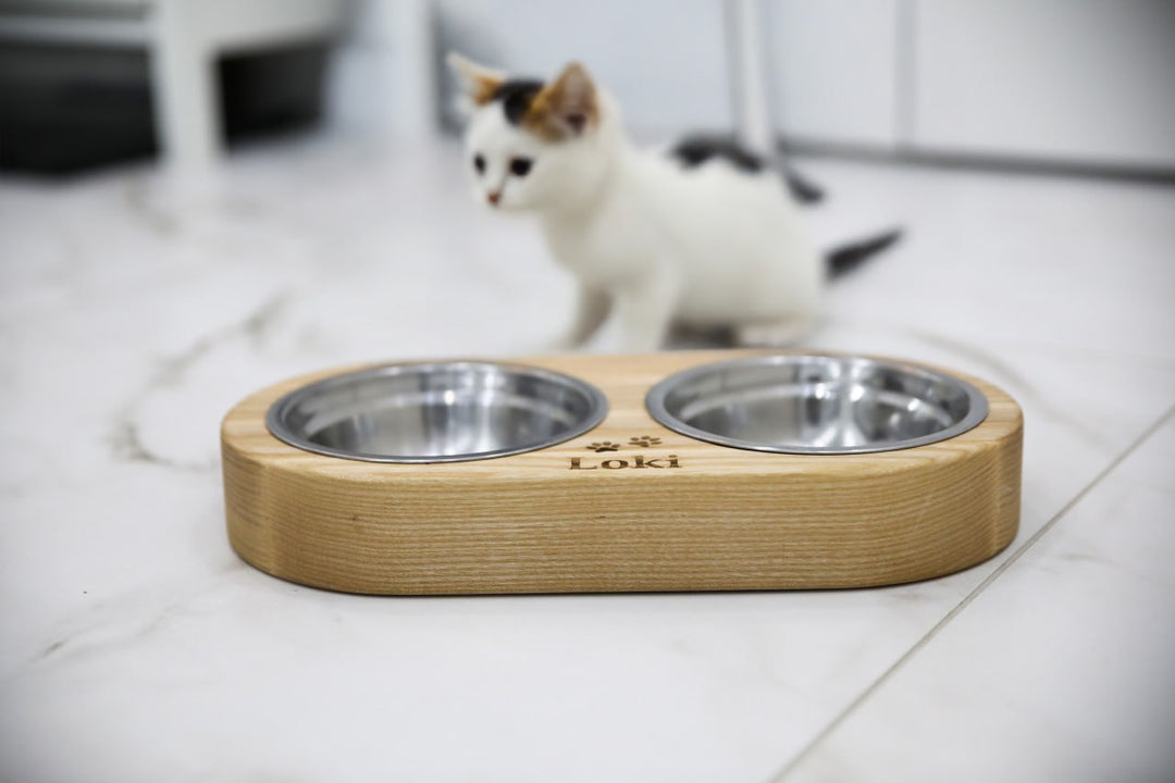 Handmade wooden elevated cat bowl stand with two stainless steel bowls