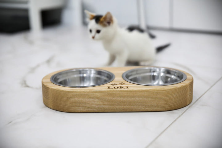 Handmade wooden elevated cat bowl stand with two stainless steel bowls