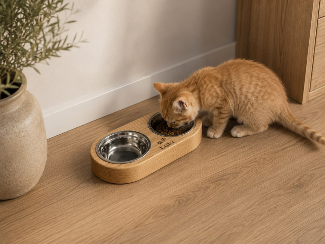 Handmade wooden elevated cat bowl stand with two stainless steel bowls