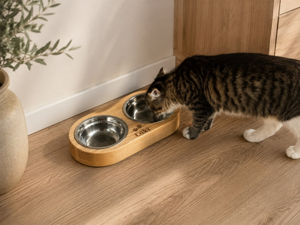 Handmade wooden elevated cat bowl stand with two stainless steel bowls