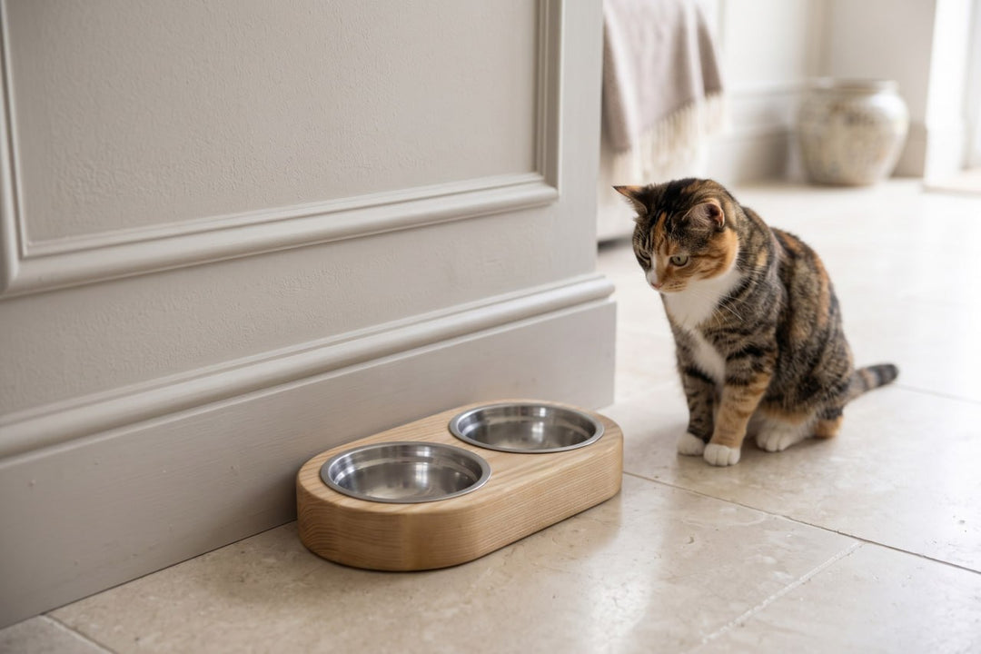 Handmade wooden elevated cat bowl stand with two stainless steel bowls