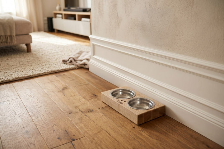 Handmade wooden elevated cat bowl stand with two stainless steel bowls