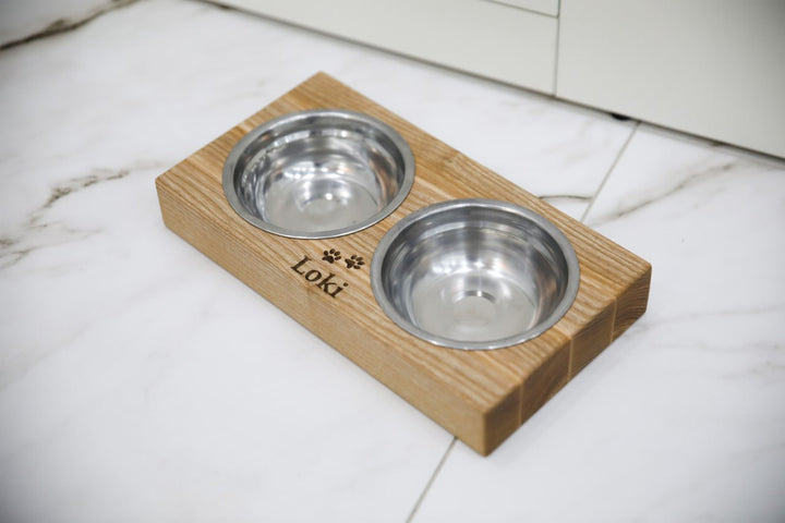 Handmade wooden elevated cat bowl stand with two stainless steel bowls