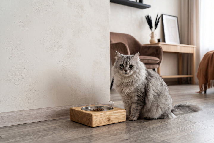 Handmade wooden elevated cat bowl stand with two stainless steel bowls