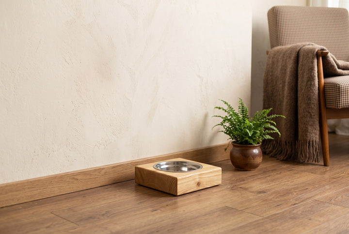 Handmade wooden elevated cat bowl stand with two stainless steel bowls